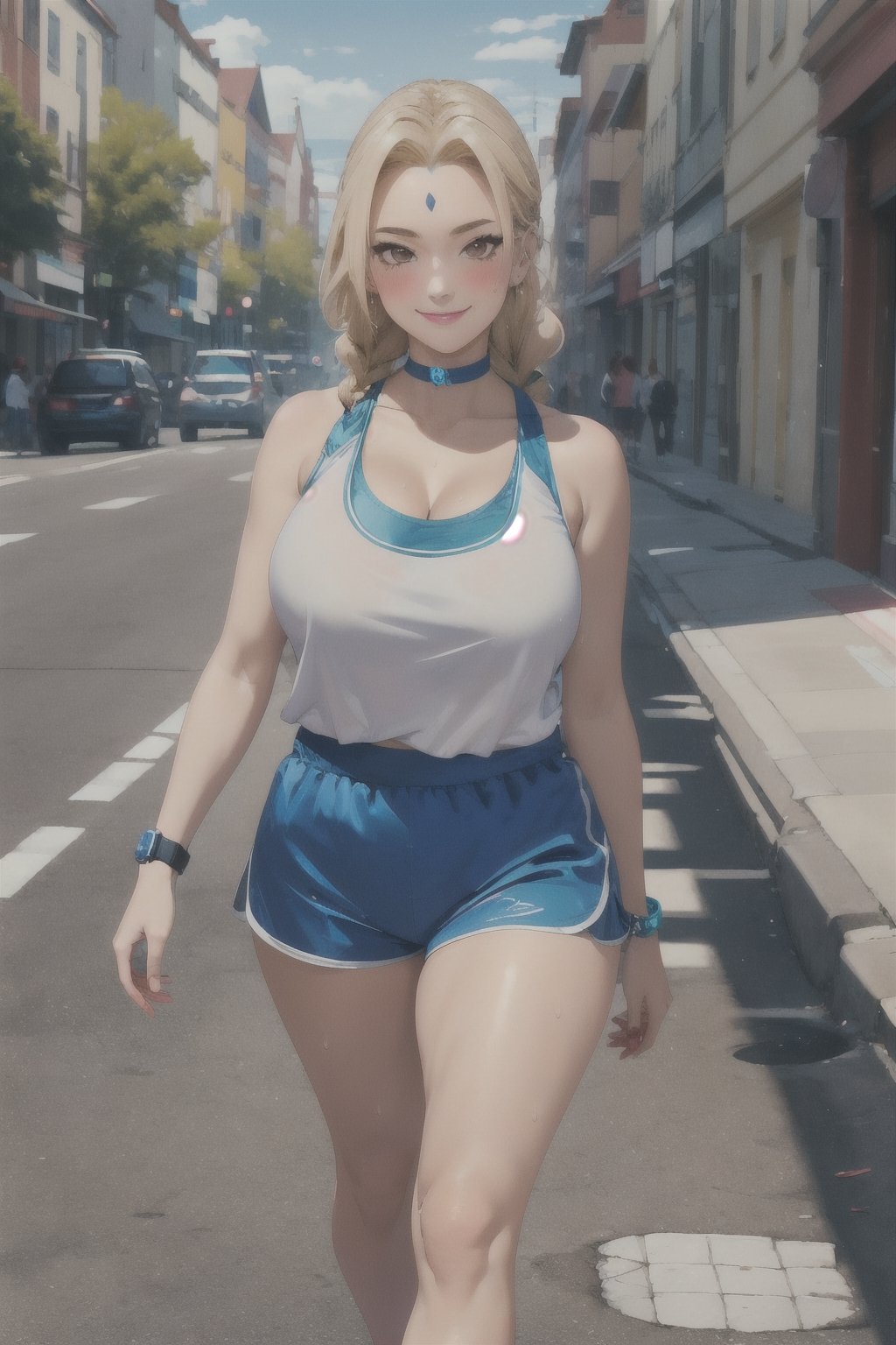 masterpiece, best quality, better_hands, hands, incredibly absurdres, highres, high detail eyes, high detail background, 1girl, female focus, tsunade, mature female, brown eyes, blonde hair, long hair, single braid, potted plant, forehead mark, facial mark, curvy, slim waist, thicc thighs, huge breasts, white tank top, blue satin sport shorts, sneakers set, at city, walking, sweat, scenary, smile, full body, Color Booster, choker, makeup, long eyelashes, smartwatch, blushed, (satin:1.3), cowgirl, girl on top, 1 boy, 