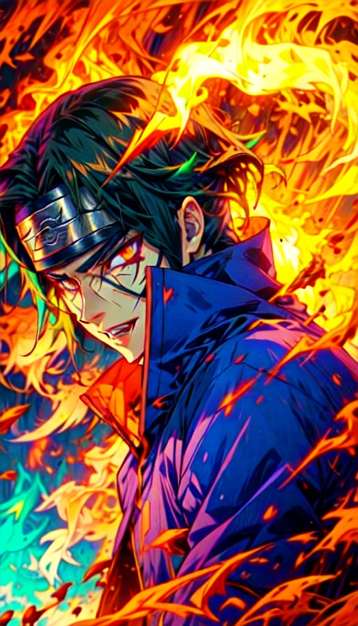 Madara uchiha wearing uchiha clan outfit, scar on his left eye, black bob cut hair, wearing a headband, in center, looking left side, parted lips, open mouth , detailed teeth, screaming ,RED FIRE GREEN FIRE BLUE FIRE PURPLE FIR