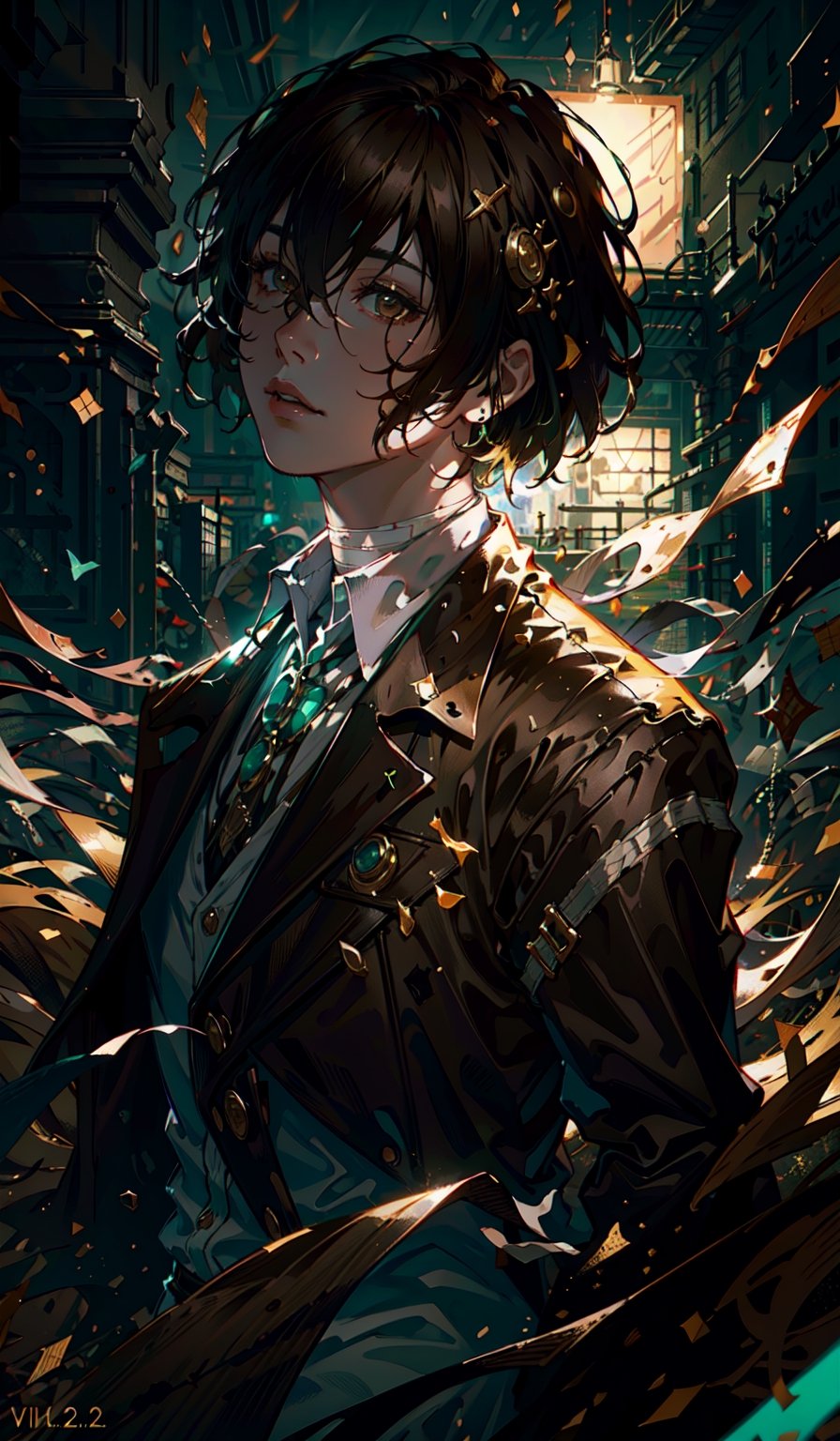 8k,RAW photo, best quality, masterpiece:1.2), (realistic, photo-realistic:1.37), masterpiece, best quality (dynamic lighting:1.2), (depth of field), (sharp focus, ) (hyper-detailed), (cinematic lighting, ) (delicate elegant facial features) (bokeh 1:1)
dazai osamu, short hair, brown hair, brown jacket, white pants, bandages, in center above torso, vinyl background, dark and green vinyl ,no_humans