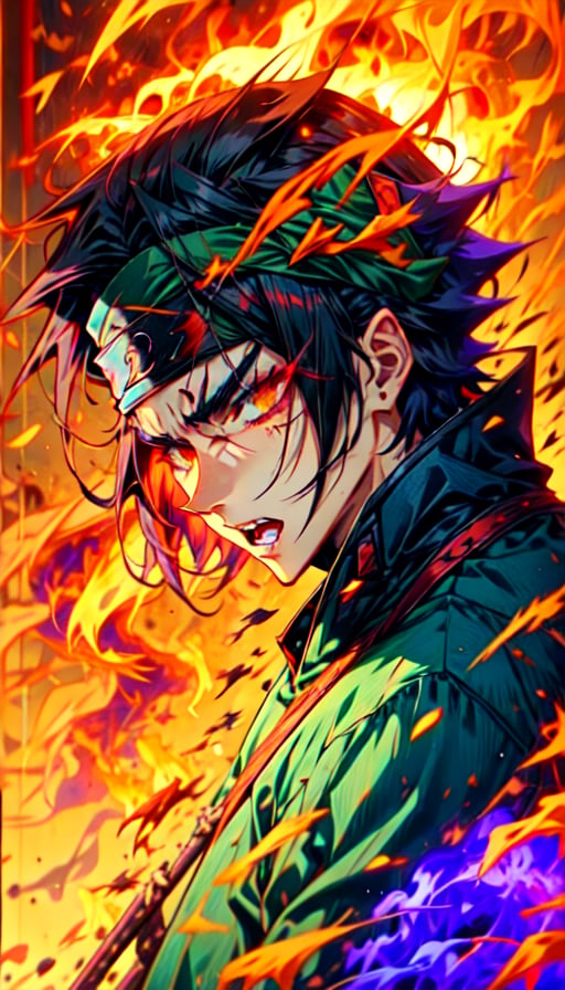 Madara uchiha wearing uchiha clan outfit, scar on his left eye, black bob cut hair, wearing a headband, in center, looking left side, parted lips, open mouth , detailed teeth, screaming ,RED FIRE GREEN FIRE BLUE FIRE PURPLE FIR