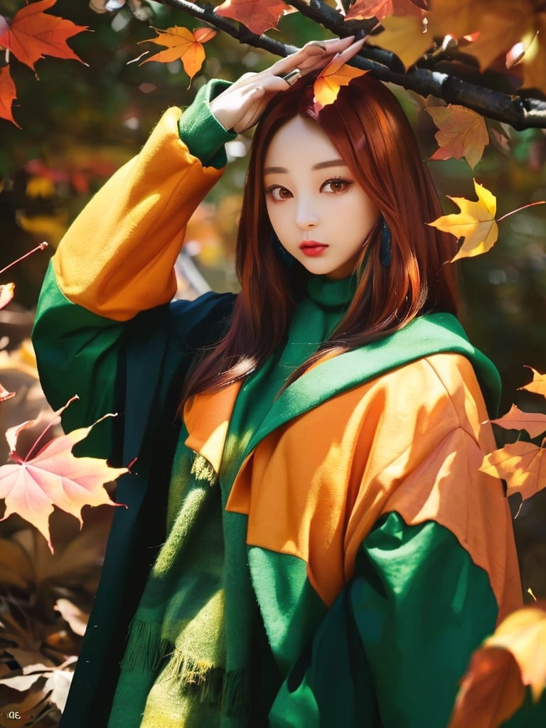 Druid, (autumn, autumn leaves), orange hair, green eyes, nature, forest, witchcraft, , Strong and vibrant colors 64k, variation-imagine --s2,cibertribal,1girl,gahyeon,hyelin