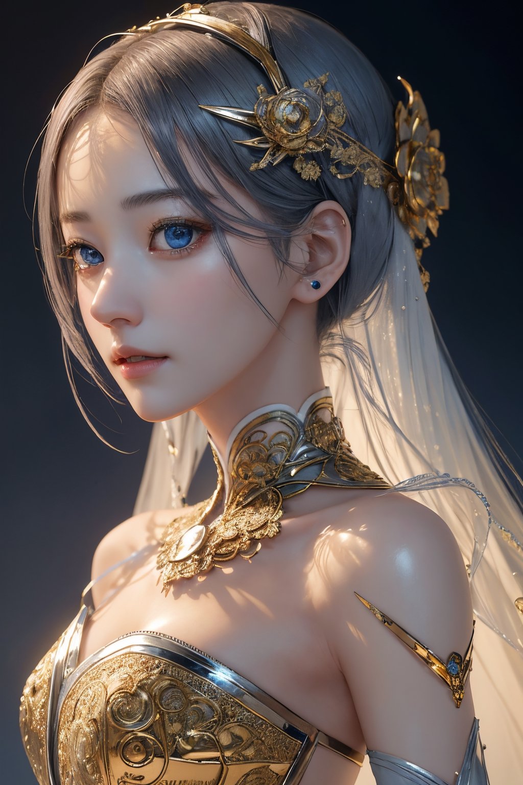 surreal photography of a stunningly beautiful cyborg female, blue eyes, embraced, delicate gold filigree, intricate detailed, glowing on back and hair, in the style of beth cavener, wlop, highly detailed, intricate filigree, chrome face symmetry, masterpiece, award - winning, sharp focus, concept art, high key, ambient lighting, 8 k, octane render, light_smile, Lip_open_fractal_dust_particles, lighting_stike,Miyawaki