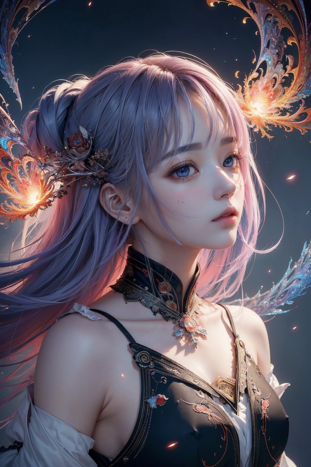 (masterpiece, top quality, best quality, beautiful and aesthetic:1.2), (2girl), extreme detailed,(abstract, fractal art:1.3),colorful hair,highest detailed, detailed_eyes, red_fire_particles, lightning, light_particles, ghost, mask on head,Miyawaki