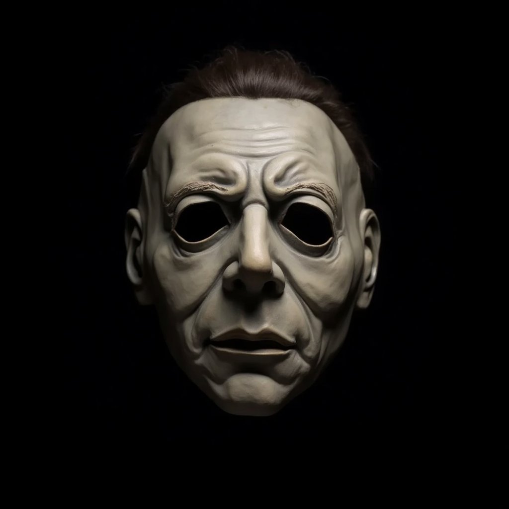 hall00ween, Halloween mask, Michael Myers from the Halloween series. black background. in the style of t0k