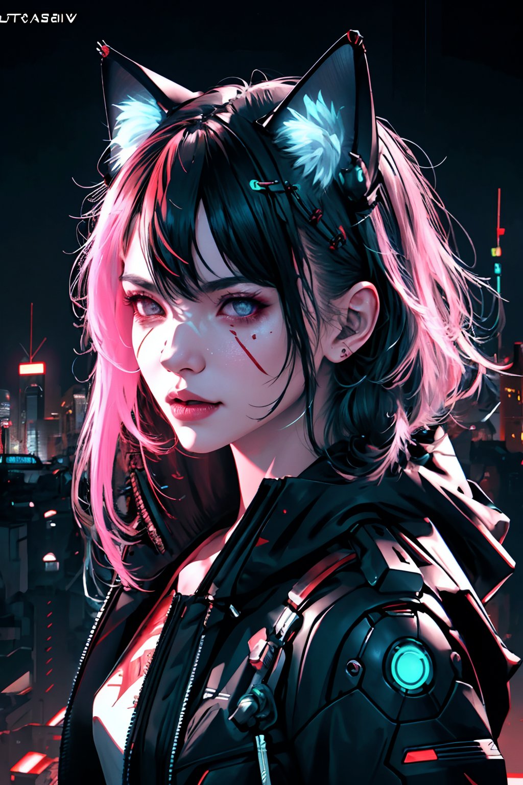 1cyberpunk girl,((ultra realistic details)), portrait, detailed face,global illumination, shadows, octane render, 8k, ultra sharp, neon,intricate, ornaments detailed, cold colors, egypician detail, highly intricate details, realistic light, trending on cgsociety, glowing eyes, facing camera, blurred neon city background, neon details, mechanical limbs, white hoodie,blood vessels connected to tubes,mechanical cervial attaching to neck,,blood,killing machine,SAM YANG,ppcp,cat ear,glass