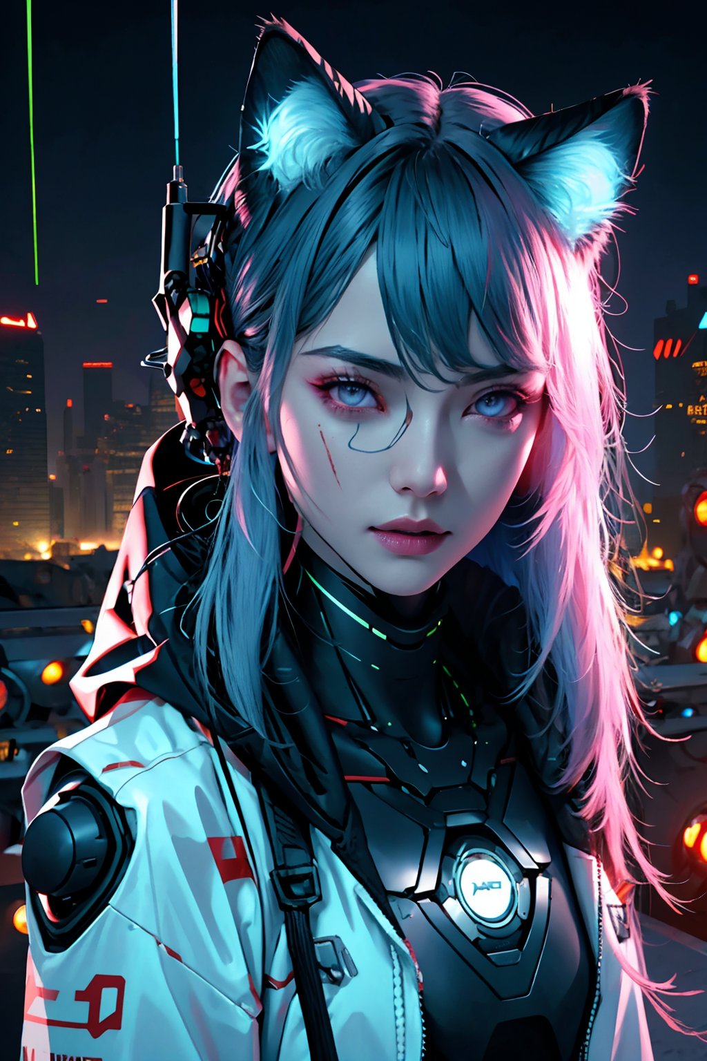 1cyberpunk girl,((ultra realistic details)), portrait, detailed face,global illumination, shadows, octane render, 8k, ultra sharp, neon,intricate, ornaments detailed, cold colors, egypician detail, highly intricate details, realistic light, trending on cgsociety, glowing eyes, facing camera, blurred neon city background, neon details, mechanical limbs, white hoodie,blood vessels connected to tubes,mechanical cervial attaching to neck,,blood,killing machine,SAM YANG,ppcp,cat ear,glass