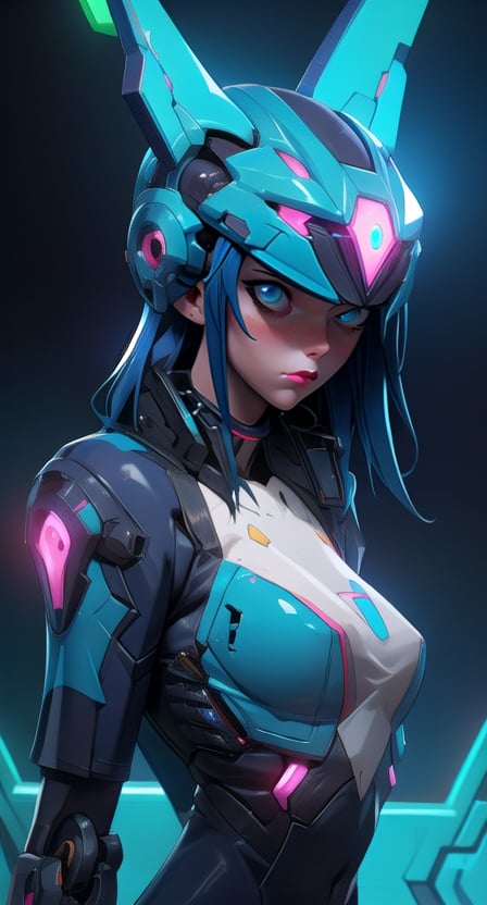 (blue neon futuristic armor:1.2), | ultra-detailed, 
upper body shot, photorealistic, masterpiece, solo, woman, | mecha, mechanical girl, blue neon light exosuit, neon genesis evangalion, mechanical pilot suit, beautiful eyes, perfect detail, medium breast, cinematic lighting, dark studio, hyperdetailed helmet, neon lights, | futuristic city, bokeh, depht of field,3DMM