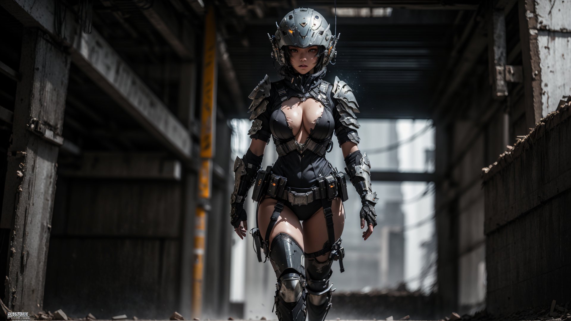 Super Sexy Superheroines, ultra-detailed, 
((High resolution)),((high detailed)), cowboy shot, photorealistic, masterpiece, official art, space battlefield background, blur backgound, raw photo, best quality, 8k resolution, 
sole_female, character focus, 24 years old, black hair, short hair, futuristic military armor, futuristic military armory girl, Sexy futuristic military armor suit, holding futuristic military gun, neon light futuristic military suit, beautiful eyes, (delicate face), perfect detail, perfect feet, sexy legs, medium breast, lots of exposed skin,((full body shot)) , prepare to combat, ((futuristic full face helmet)), cleavage cutout, torn clothing, torn armor, ripped armor, damaged armor, dirty armor, wounded face, dirty face,
cinematic lighting, dark studio, ((hyper detailed face)),((hyper detailed eyes)),(((exposed thighs))), futuristic military armor, 
