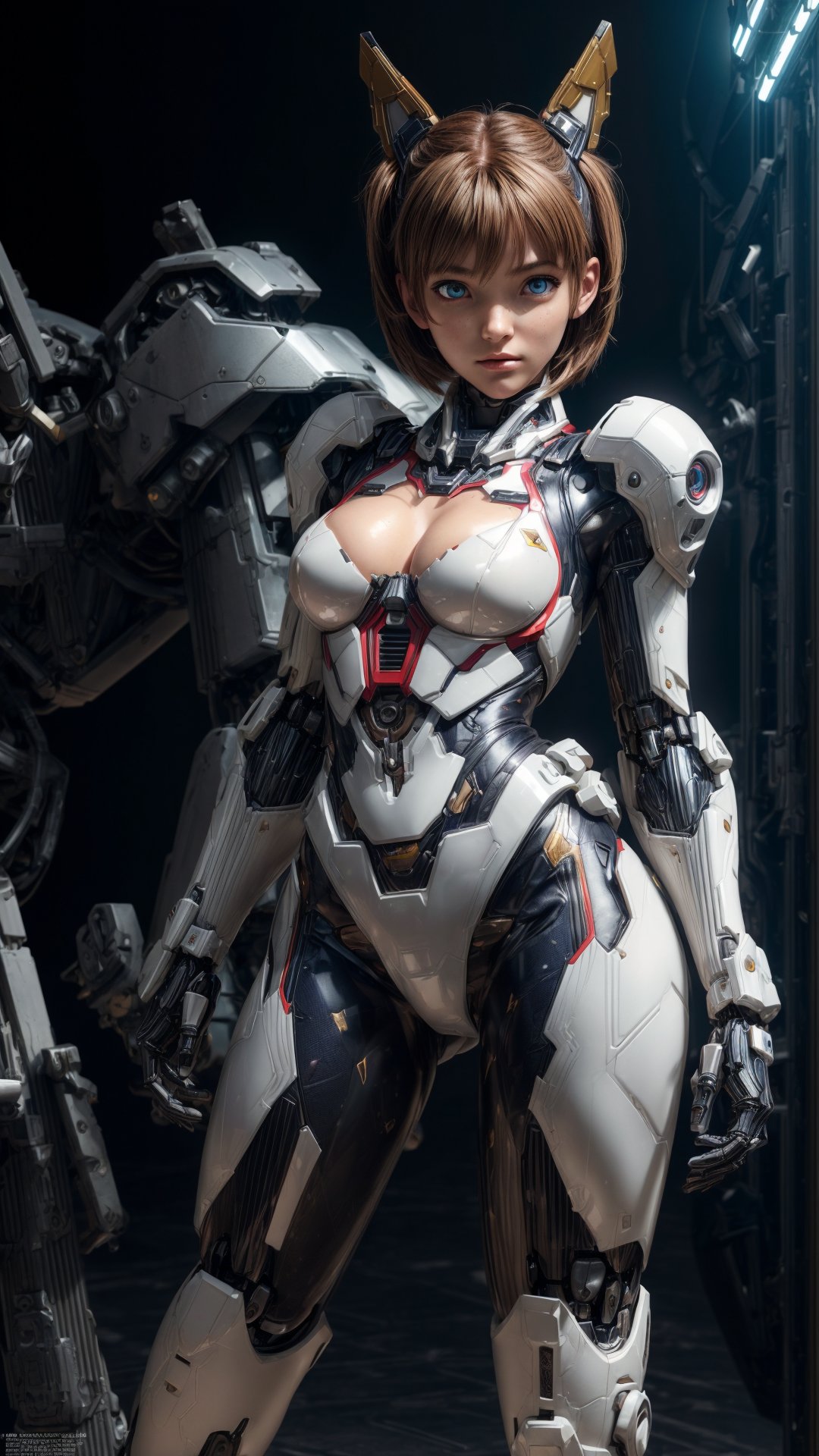 Super Sexy Superheroines, ultra-detailed, 
((High resolution)),((high detailed)), cowboy shot, photorealistic, masterpiece, official art, futuristic space background, blur backgound,
raw photo, best quality, 8k resolution, 
sole_female, character focus, 20 years old, black hair, short hair, two buns, resemble  Asuka Langley, mecha, mechanical girl, white exosuit, neon genesis evangalion, mechanical pilot suit, beautiful eyes, (delicate face), perfect detail, perfect feet, sexy legs, medium breast, nice boobs, lots of exposed skin, full body, cleavage cutout,
cinematic lighting, dark studio, ((hyper detailed face)),((hyper detailed eyes)),(((exposed thighs))),mecha musume,robot