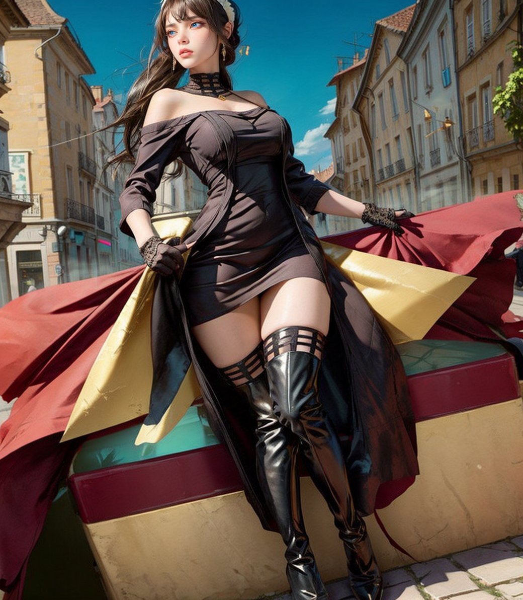   ders, black dress, two-sided dress, fingerless gloves, thigh boots,
bbyorf, short hair with long locks, white hairband, red eyes, gold earrings, large breasts, jewelry, off shoulder, black pantyhose,   (( masterpiece)), 1080p, beautifull, attractive,golden sharp blade in hands, (( old french city background)), ((seductive)),1girl,((low angle shot)), ((legs, thighs)),(( Low angle shot)), ((intricate details)), ((sexy pose))

,anime,BBYORF