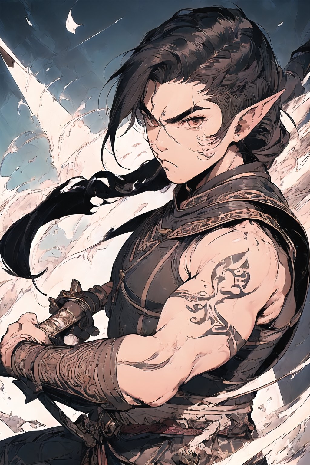 (((masterpiece))), (((best quality))), (((ultra-detailed))), (((thicker lines))), (((Sharp focus))), (illustration), young warrior, with short cool shaved hair black, light brown skin and tribal tattoo on his face((((male)))(((man)) facing the viewer, a less hair on the sides, elf warrior, 2 handed swords(full body)(perfect hands), hairstyle short pony tail 