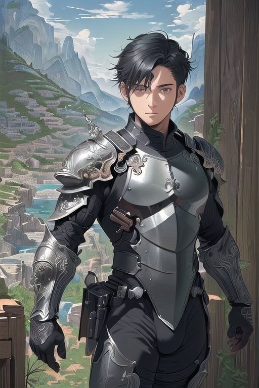 (((masterpiece))), (((best quality))), (((ultra-detailed))), (((thicker lines))), (((Sharp focus))), (illustration)(((((male))(((masterpiece))), (((best quality))), ((ultra-detailed)), (illustration), 1boy,  black hair,  full body,  full armor. [consistency 01], ((dinamic open ))