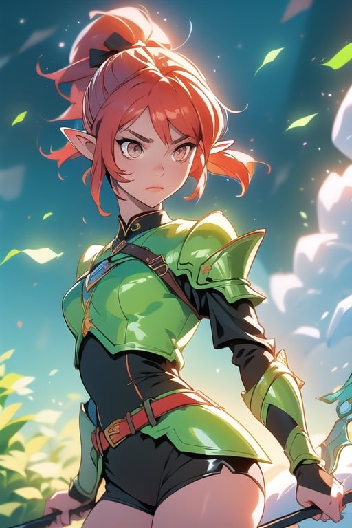 Vibrant colors, masterpiece, sharp focus, best quality, depth of field, cinematic lighting, girl, dusk, forest, cloud, shinny hair, shinny skin, bodysuit, elf light armor, elf clothes, elf girl, pointy ears, red hair, Antenna hair, spiked hair, short hair with side locks, orange eyes, short hight ponytail, black thigh boots, belt, short shorts, hair between eyes, bow (weapon), holding bow, more prism, vibrant color, drawing bow,upper body,(action pose)