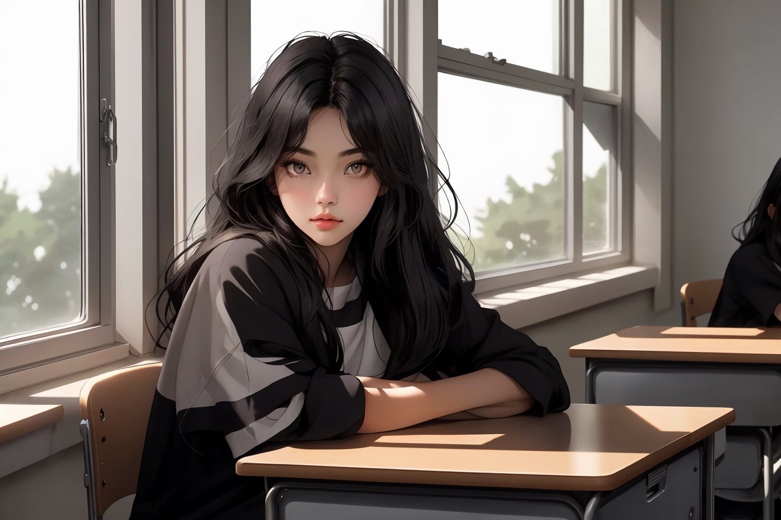 She was sitting in the back of the class, her long dark hair cascading over her shoulders, her dark black eyes staring out the window. side look, looking outside the window, in a high school classroom.