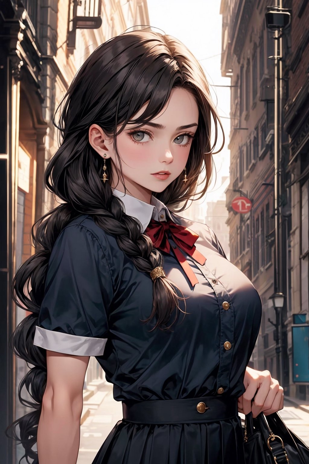 1girl, solo, looking at viewer, black braided hair, upper body, earrings, school uniform dress, villainess