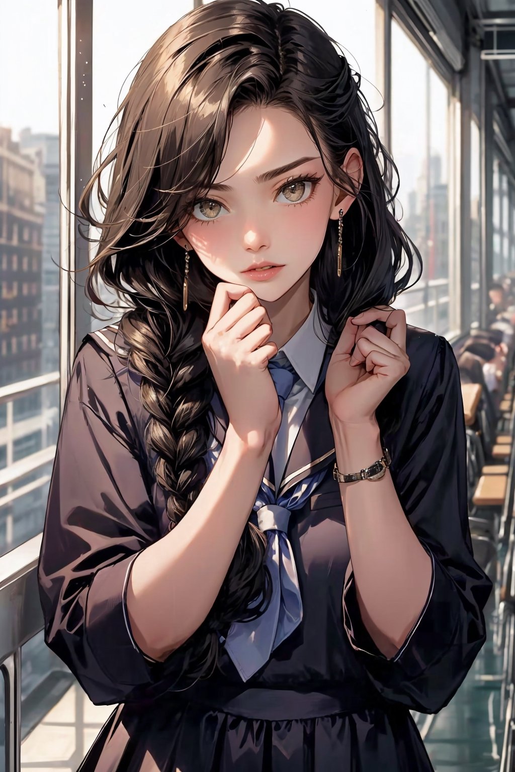 1girl, solo, looking at viewer, black braided hair, upper body, earrings, school uniform dress, villainess