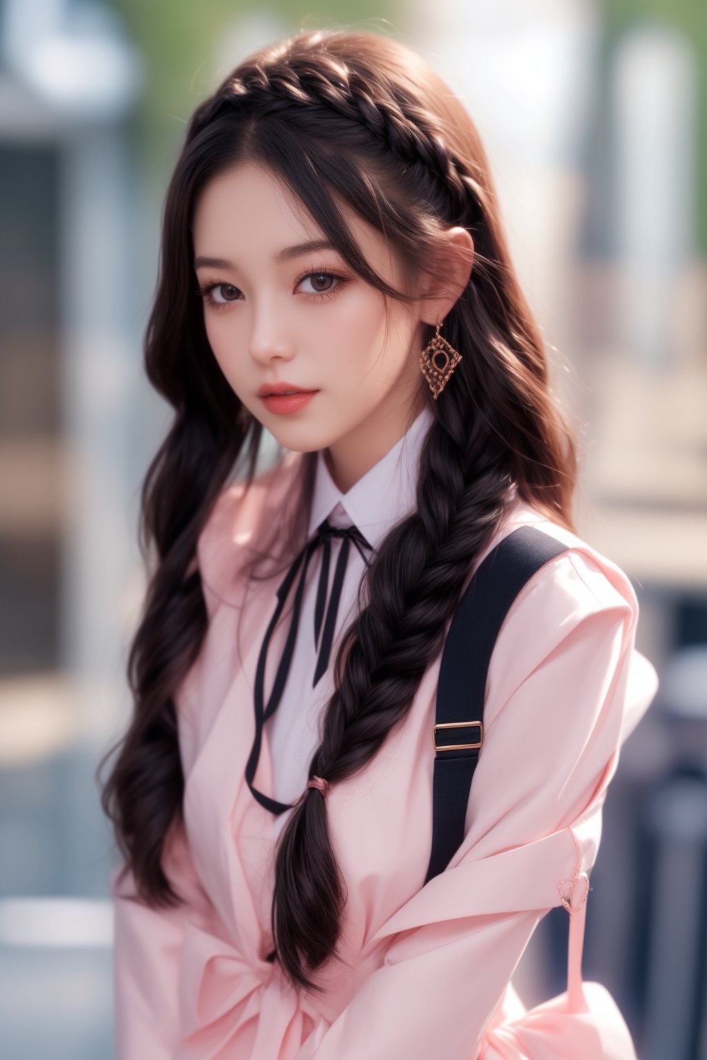 1girl, solo, looking at viewer, black braided hair, upper body, earrings, school uniform dress, villainess
