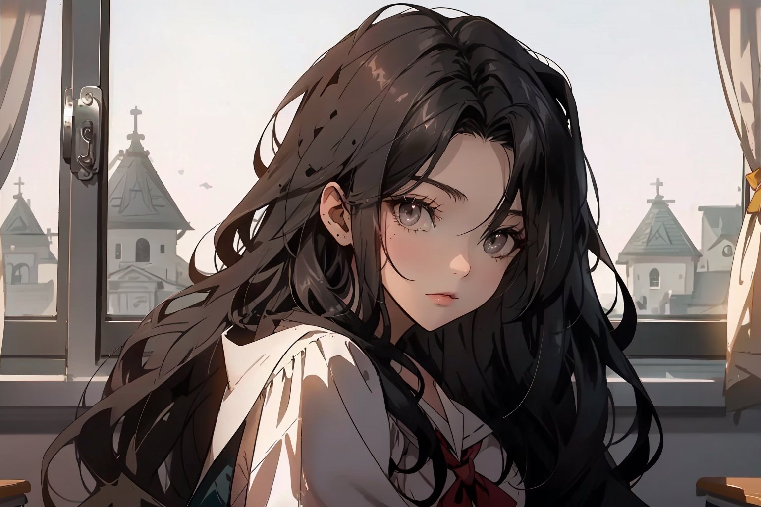 She was sitting in the back of the class, her long dark hair cascading over her shoulders, her dark black eyes staring out the window. side look, looking outside the window, in a high school classroom.