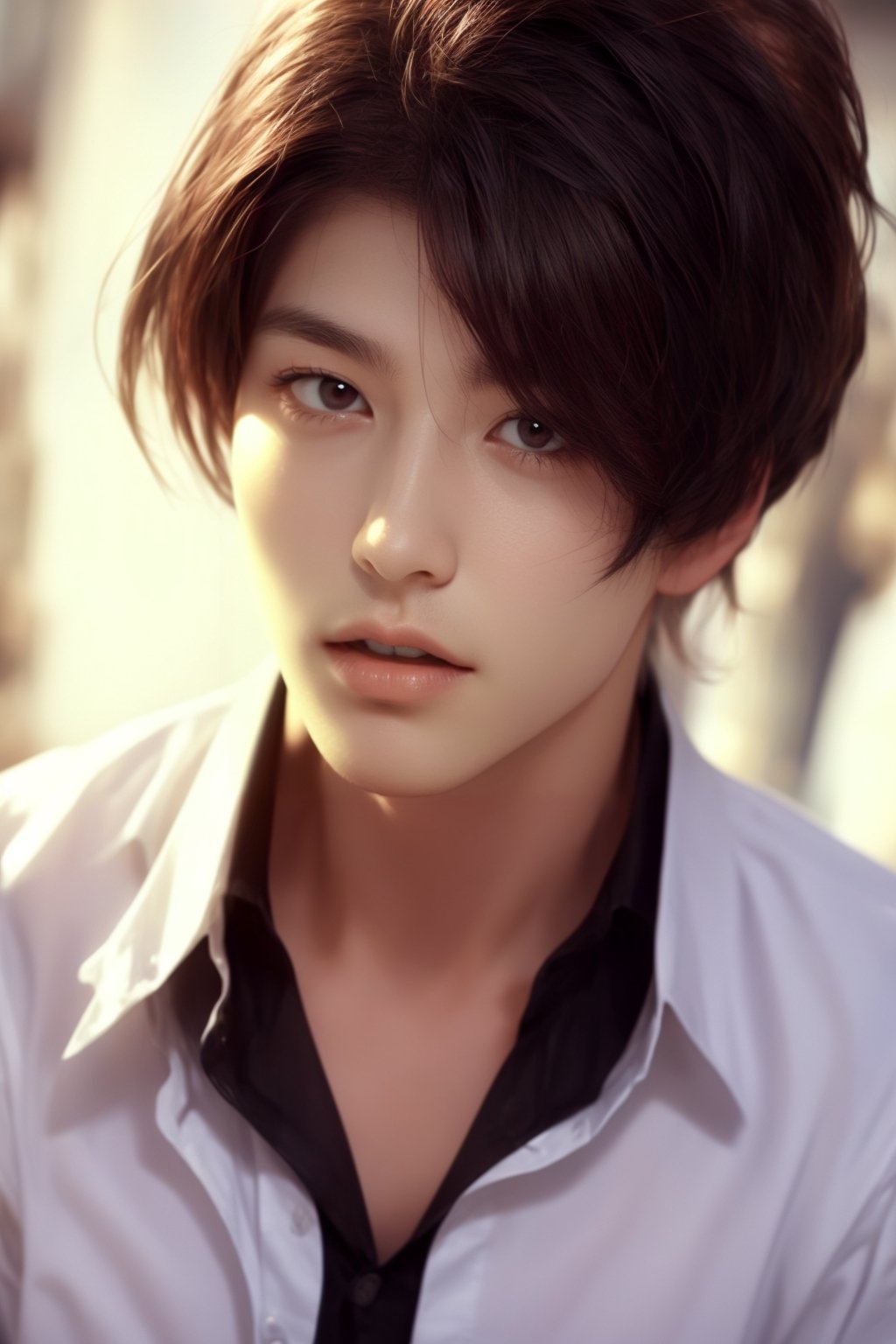 1boy, solo, looking at viewer, black hair, white shirt, upper body, male focus, collared shirt, black eyes, lips, realistic, handsome