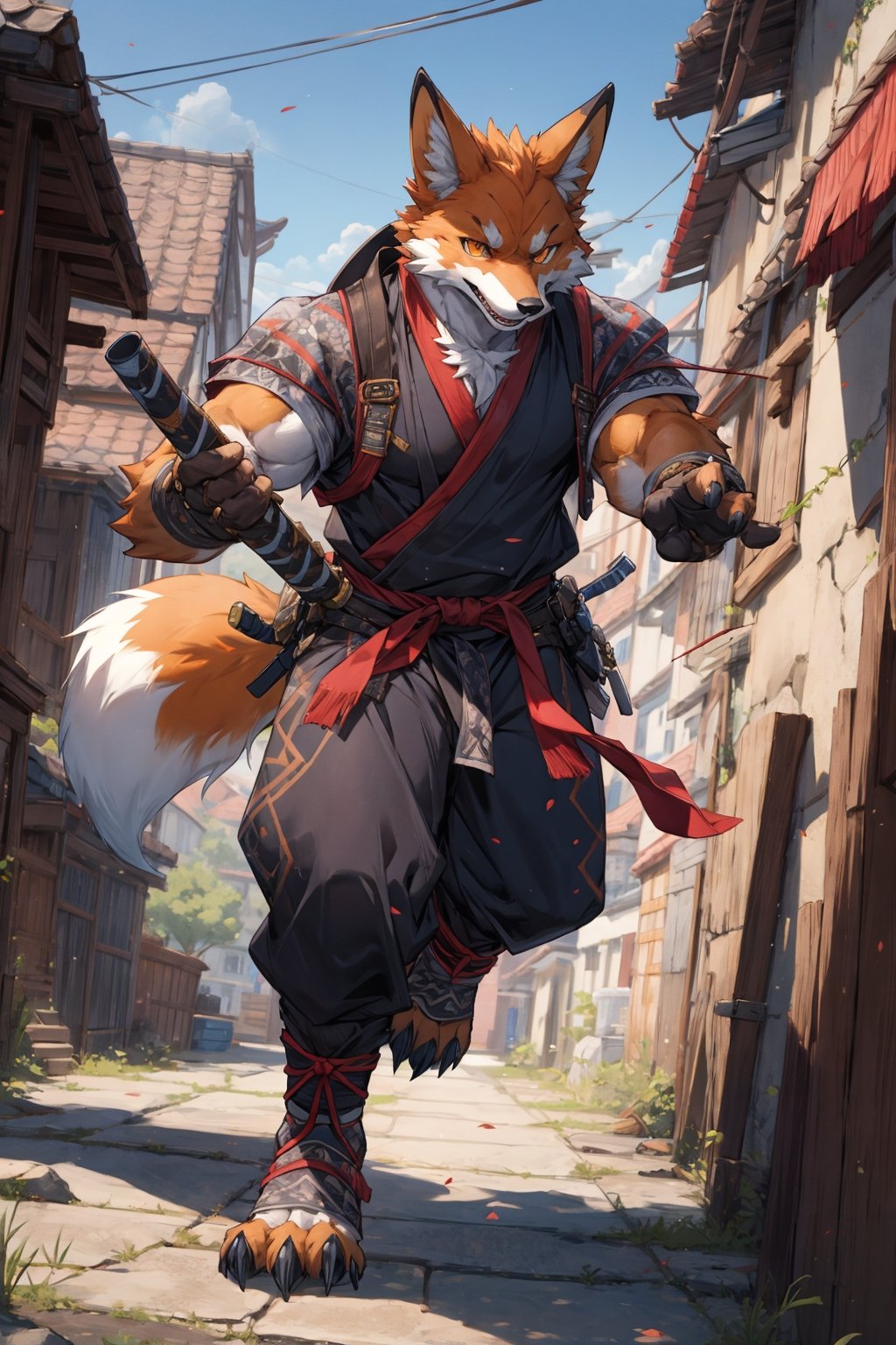 (best fluffy hands:0.7),best quality,(masterpiece:1.1576),(ultra detailed 8k art:1.05),(anthro,furry),flurry.fox male,muscler,1 fox tail,ninja,assassin