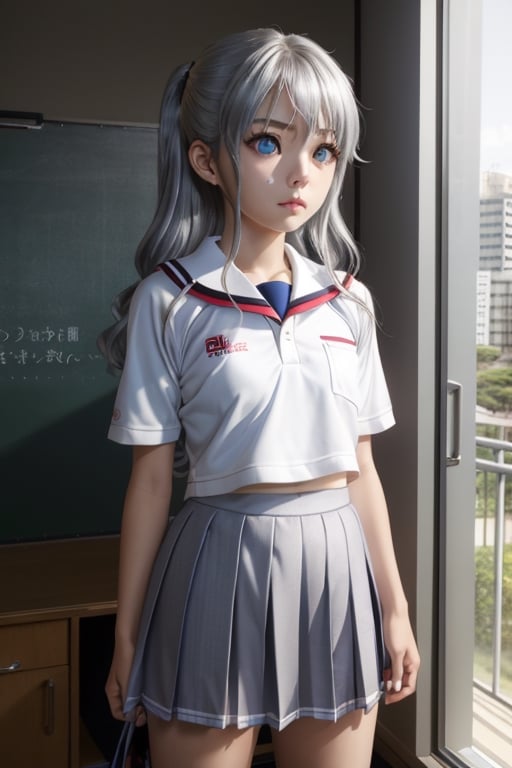 masterpiece,best quality,1girl,loli,Real people,nao tomori,Silver hair,Blue pupil,School uniform,Petite,Sportswear,