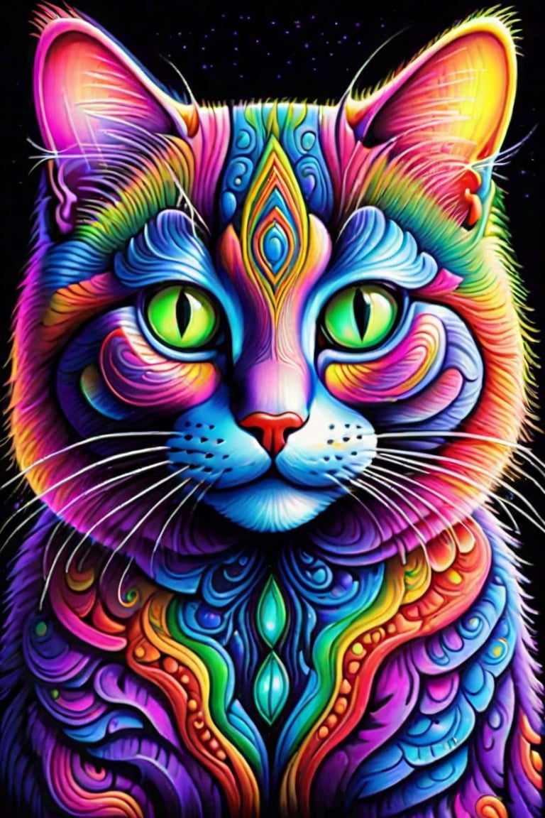 a colorful cat with bright eyes and a black background, alex grey cat, psychedelic art style, beautiful neon cats, cat detailed, psychedelic art, full of colors and rich detail, psychedelic vibrant colors, highly detailed and hypnotic, colorful and psychedelic, psychedelic color theme, visionary art style, psychedelic colors, cat from the void, psychedelic style, trippy vibrant colors