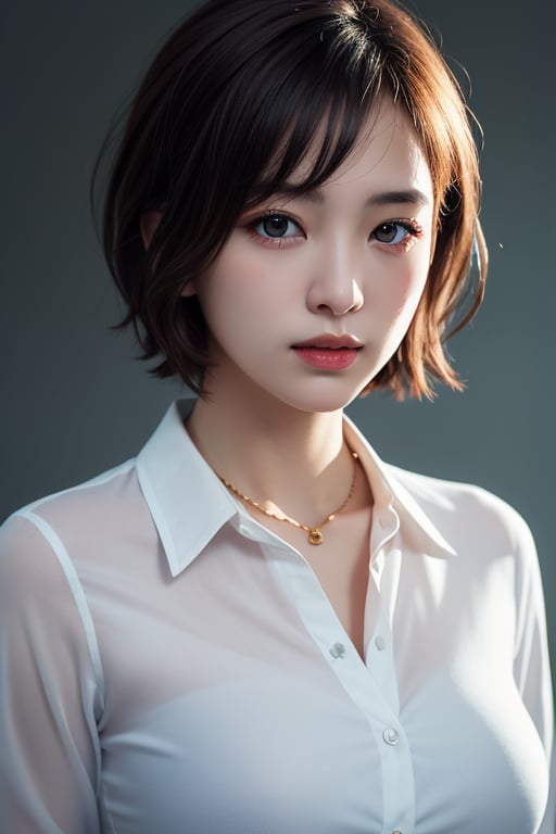 masterpiece, best quality, photorealistic, raw photo, 1girl, short-hair, big breast, collared blouse, detailed skin, pore, depth of field, in the dark