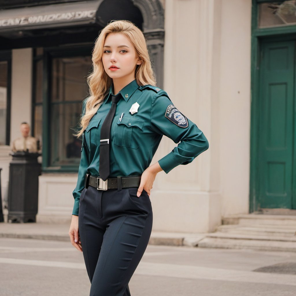 xxmix_girl,best quality,masterpiece,highres1girl,Photograph,high resolution,8k,girl,blonde, Emerald background,,nudexxmix girl woman,middle brest ,Lady police quiting her job in center surrounded by more police officers quitting their jobs