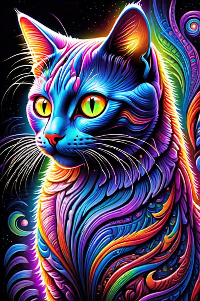 a colorful cat with bright eyes and a black background, alex grey cat, psychedelic art style, beautiful neon cats, cat detailed, psychedelic art, full of colors and rich detail, psychedelic vibrant colors, highly detailed and hypnotic, colorful and psychedelic, psychedelic color theme, visionary art style, psychedelic colors, cat from the void, psychedelic style, trippy vibrant colors