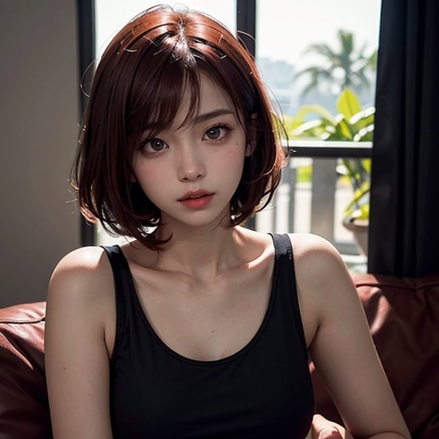 close up shot , 20 yo Thai girl, short_red_hair , wearing black top tank shirt, dark theme, low key soft lighting, hyper realistic, very cute 