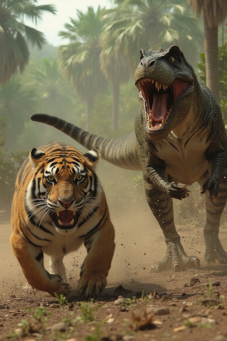 realistic photo of a velociraptor chasing a tiger. action scene. hunting vibe. epic. cinematic. extreme details.