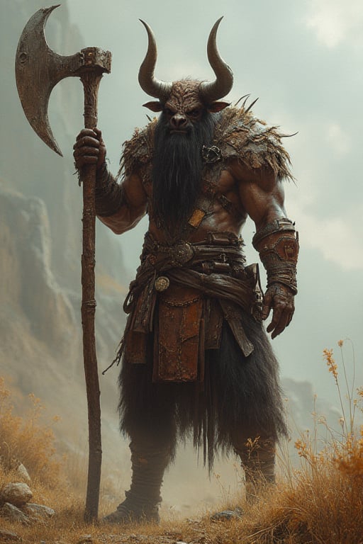 A hyper-realistic image of a tall, lanky, bulky but sleek minotaur warrior holding his great axe at head height, throwing aiming at the camera. wearing a makeshift leather armor made from different animal hides poorly stitched together.