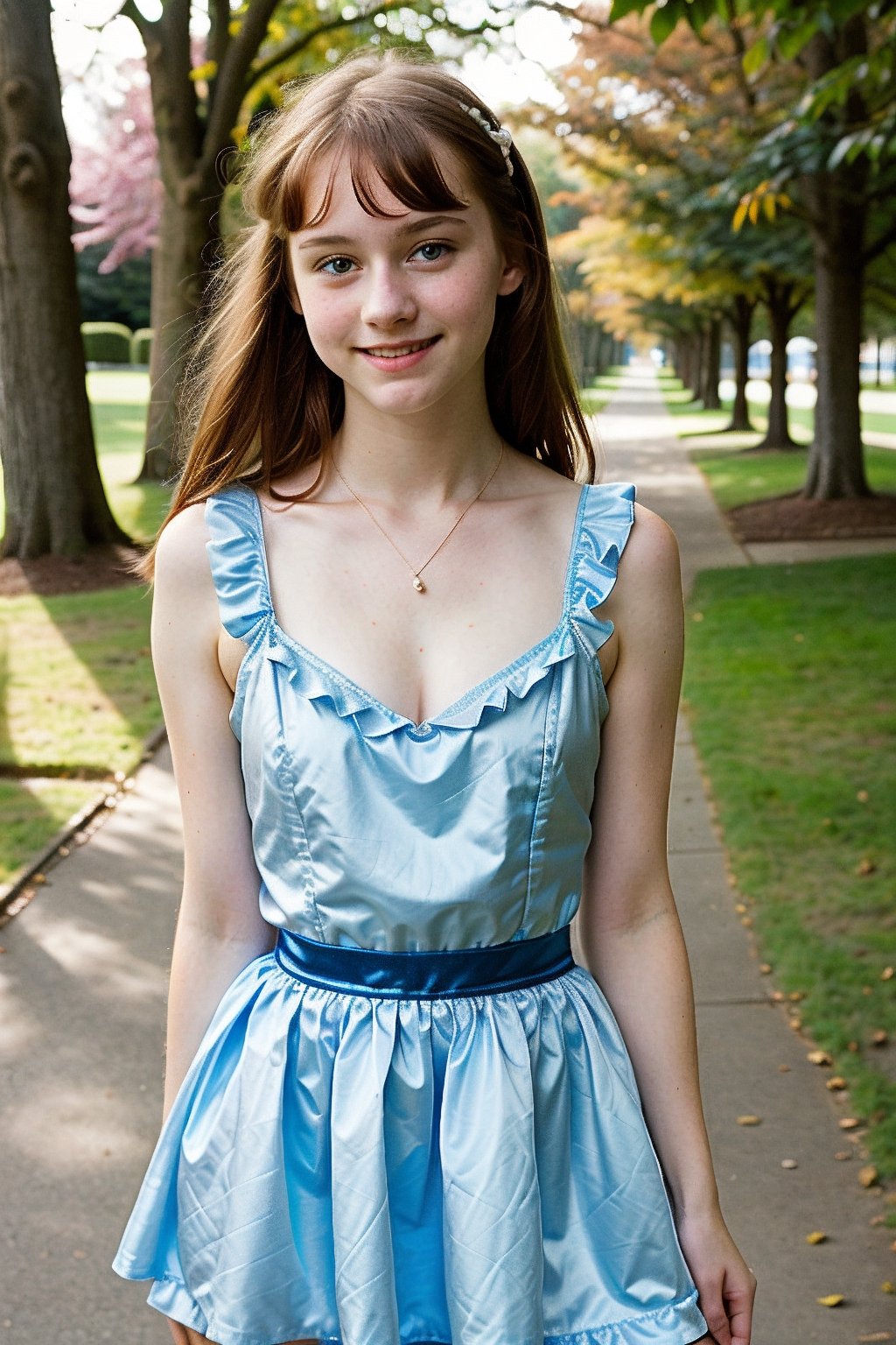 photo of 13 y.o Chloe, alice in wonderland style, cleavage, pale skin, smile, hard shadows, blue eyes, Redhead,  neckline, teen body, adolescent, teen, 13  years old