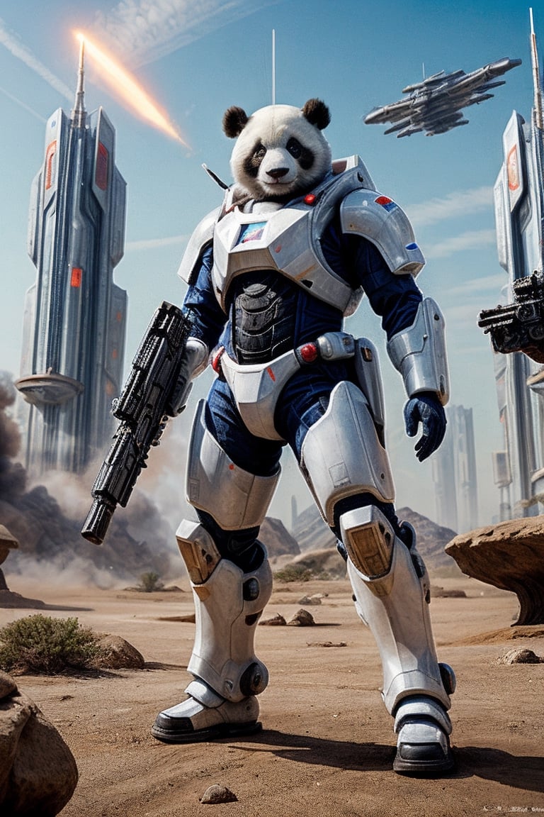 Panda in futuristic armor shooting plasma rifle, in a martian colony, surrounded by humanised giants ants, shooting laser weapons, in the background a starship battle in the sky, 