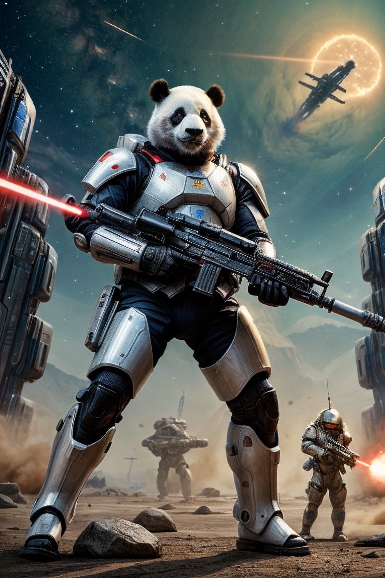 Panda in futuristic armor shooting plasma rifle, in a martian colony, surrounded by humanised giants ants, shooting laser weapons, in the background a starship battle in the sky, 