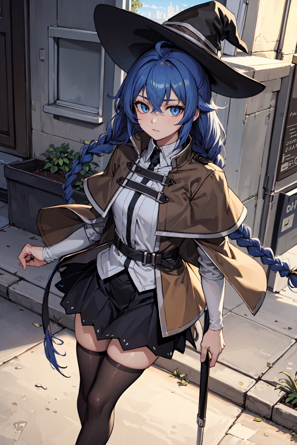 roxymigurdia,, roxy, ahoge, black ribbon, blue eyes, blue hair, braid, hair between eyes, hair ribbon, long hair, twin braids, very long hair, hat, witch hat,BREAK black legwear, black skirt, capelet, jacket, brown jacket, long sleeves, miniskirt, open clothes, open jacket, pleated skirt, skirt, white capelet, white footwear, white jacket,BREAK looking at viewer,BREAK outdoors, city,BREAK, (masterpiece:1.2), best quality, high resolution, unity 8k wallpaper, (illustration:0.8), (beautiful detailed eyes:1.6), extremely detailed face, perfect lighting, extremely detailed CG, (perfect hands, perfect anatomy),