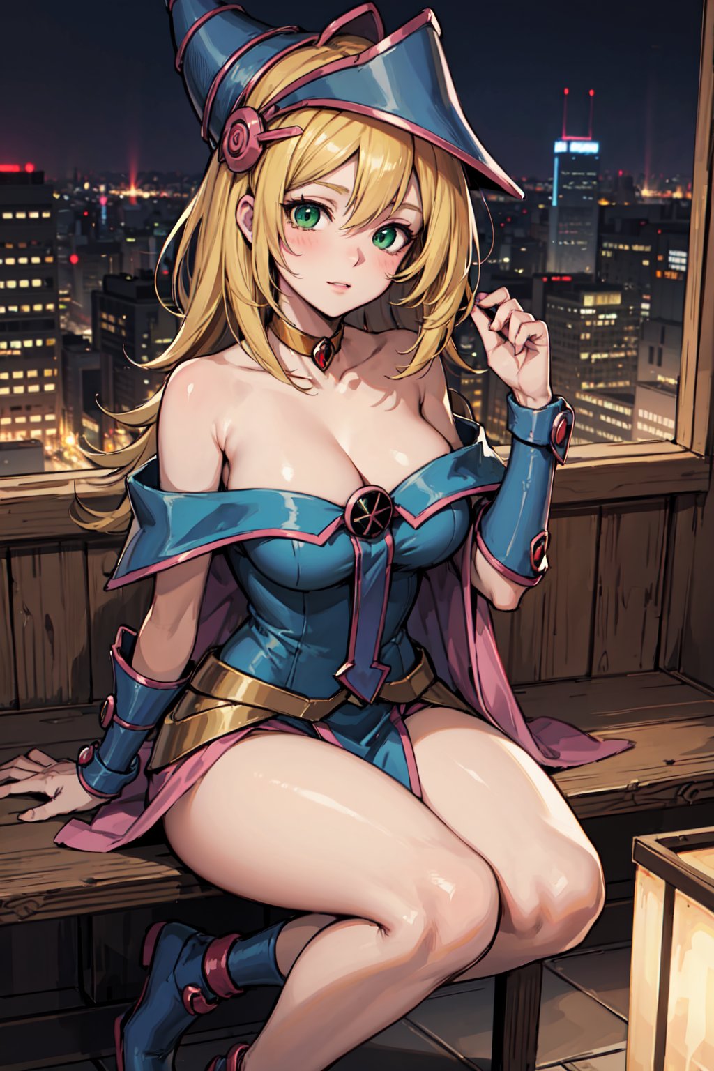 darkmagiciangirl, dark magician girl, blonde hair, choker, (green eyes:1.5), long hair,BREAK bare shoulders, blue footwear, blush, blush stickers, cleavage, collarbone, duel monster, hat, off shoulder, pentacle, wizard hat,BREAK looking at viewer,BREAK outdoors, city,BREAK, (masterpiece:1.2), best quality, high resolution, unity 8k wallpaper, (illustration:0.8), (beautiful detailed eyes:1.6), extremely detailed face, perfect lighting, extremely detailed CG, (perfect hands, perfect anatomy),