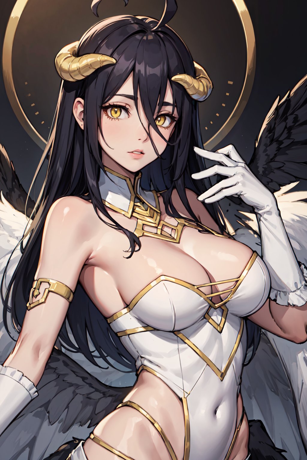 overlordalbedo, albedo, ahoge, black hair, horns, long hair, (yellow eyes:1.5),BREAK bare hips, bare shoulders, black wings, detached collar, elbow gloves, feathered wings, gloves, gold trim, high collar, hip vent, jewelry, low wings, white gloves, wings,BREAK city,BREAK looking at viewer,BREAK, (masterpiece:1.2), best quality, high resolution, unity 8k wallpaper, (illustration:0.8), (beautiful detailed eyes:1.6), extremely detailed face, perfect lighting, extremely detailed CG, (perfect hands, perfect anatomy),