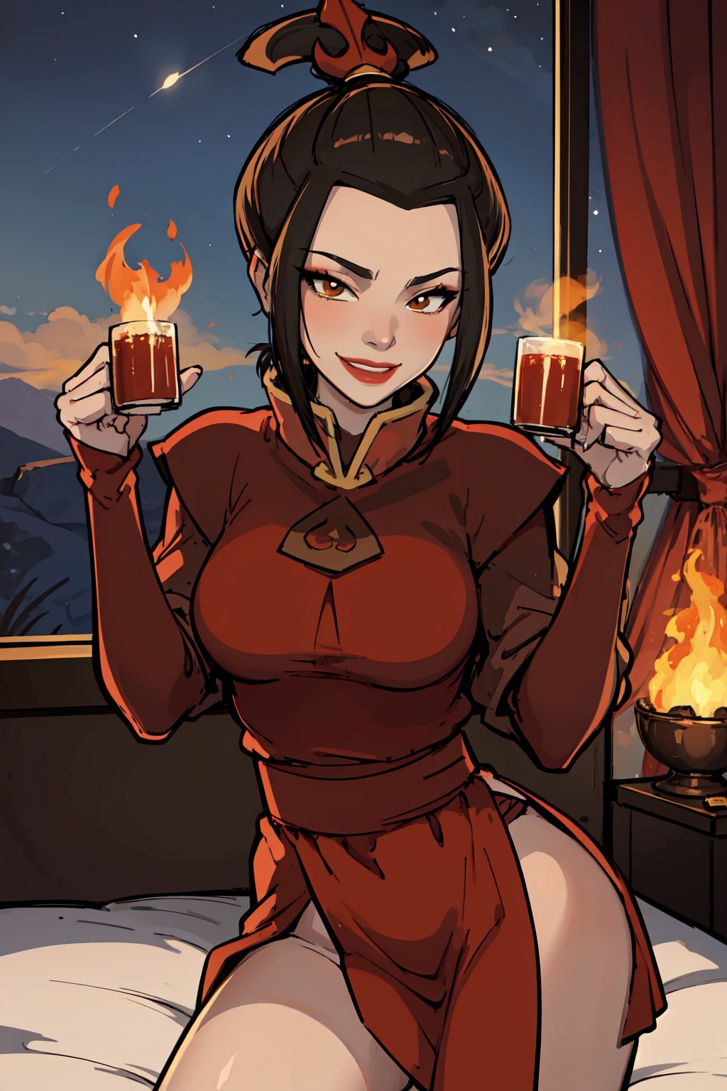 masterpiece, best quality, 1girl, azula, smile, lipstick, makeup, revealing clothes, sexy pose,  looking at viewer, fire, night, night sky