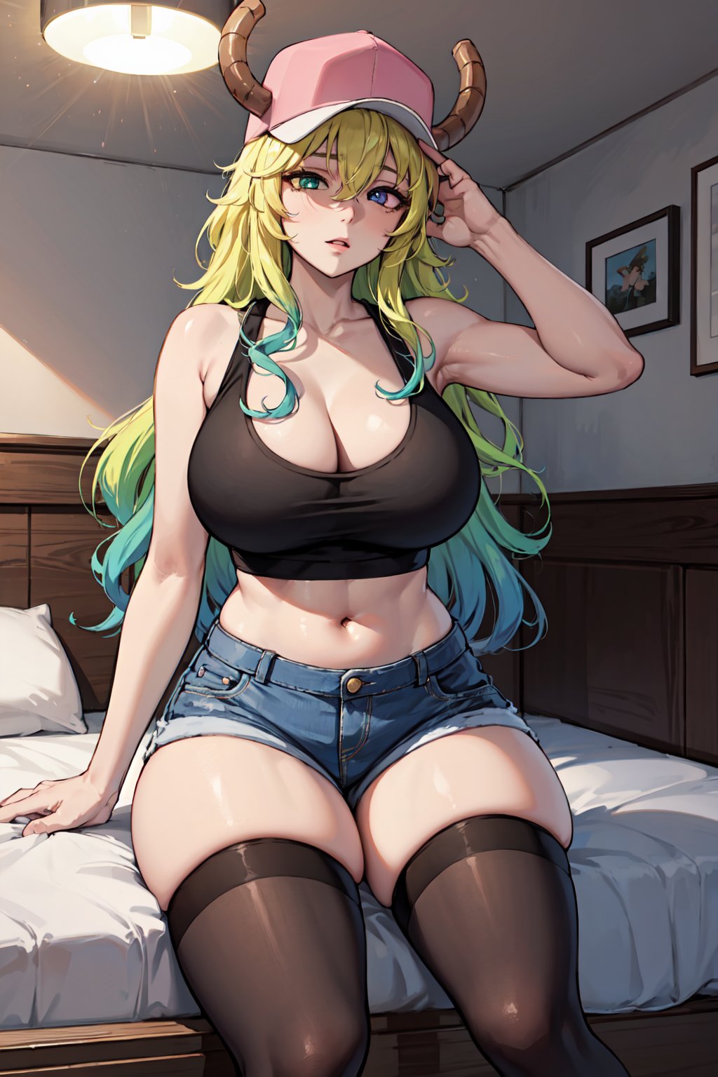 dragonlucoa, lucoa, blonde hair, blue hair, dragon girl, gradient hair, green hair, hair between eyes, horns, horns through headwear, (huge breasts:1.2), multicolored hair, baseball cap, cap, hat, green eyes, (purple eyes:1.2), yellow pupils, (heterochromia:1.2),BREAK black thighhighs, cleavage, curvy, pink footwear, thighhighs, shirt, black shirt, sleeveless, covered navel, short shorts, denim shorts, denim, shorts,BREAK looking at viewer,BREAK indoors, bed,BREAK, (masterpiece:1.2), best quality, high resolution, unity 8k wallpaper, (illustration:0.8), (beautiful detailed eyes:1.6), extremely detailed face, perfect lighting, extremely detailed CG, (perfect hands, perfect anatomy),