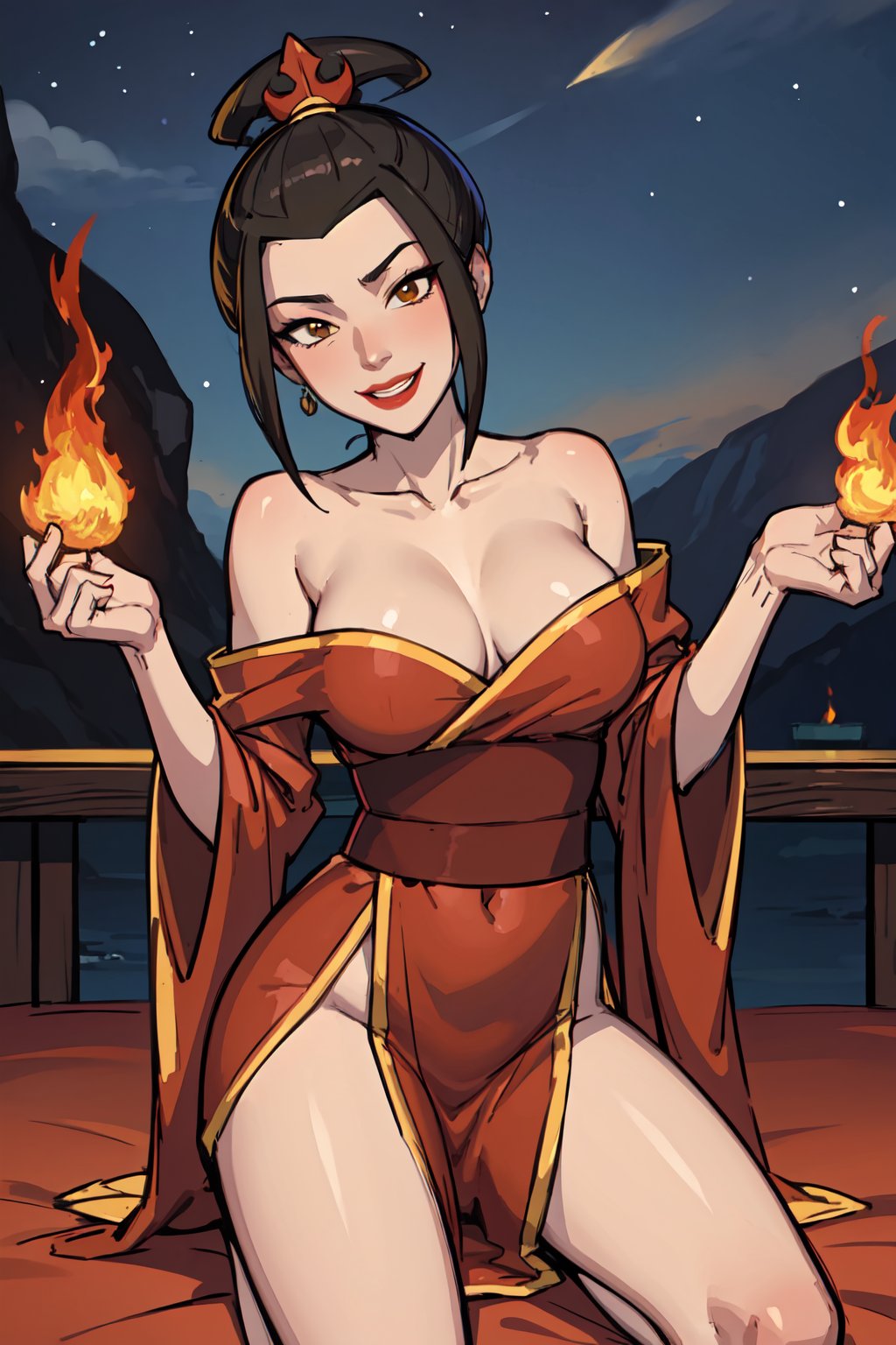 masterpiece, best quality, 1girl, azula, smile, lipstick, makeup, revealing clothes, sexy pose,  looking at viewer, fire, night, night sky