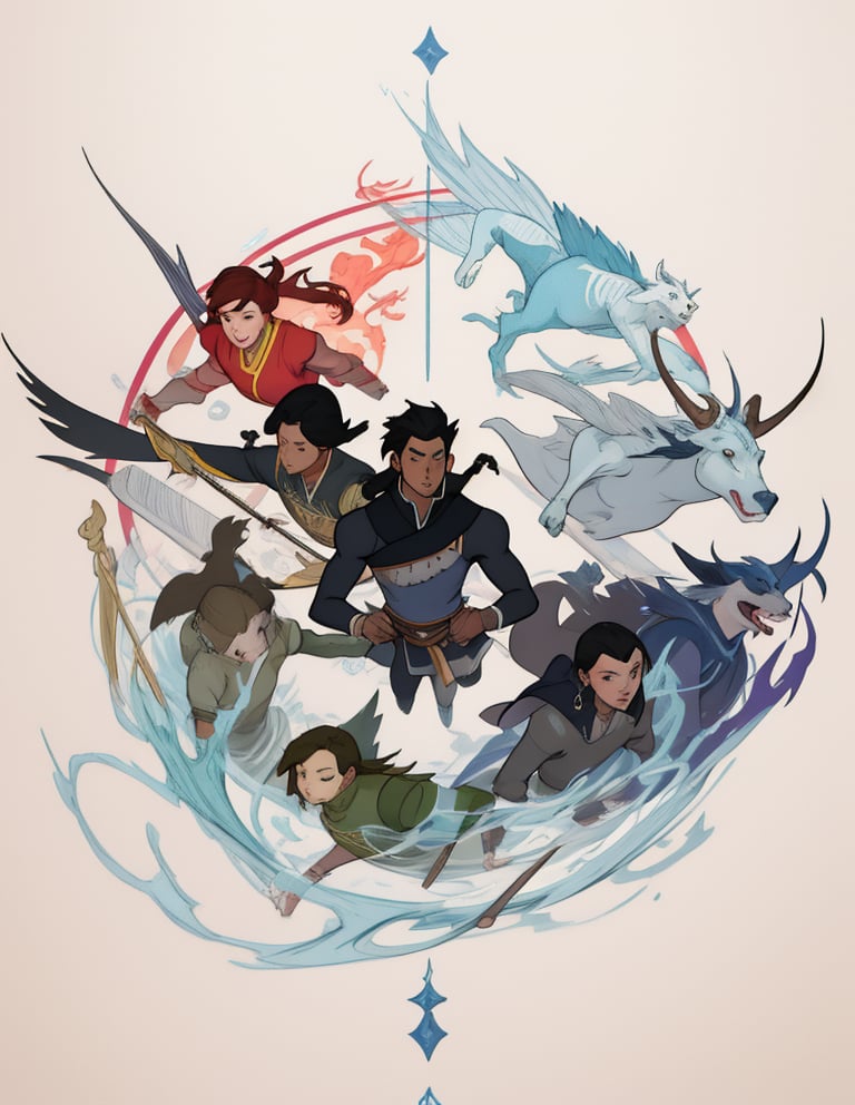 a series of four illustrations depicting the four original bending masters, beautiful avatar pictures, sigils, mtg art style, flying mythical beasts, mythical creatures, [[fantasy]], detailed fanart, from top left and [[in a circle]], [[red chinese dragon with fire element - red]], [[white bison with air elema series of four illustrations depicting the four original bending masters, beautiful avatar pictures, sigils, mtg art style, flying mythical beasts, mythical creatures, [[fantasy]], detailed fanart, from top left and [[in a circle]], [[red chinese dragon]] with fire element - red, [[white bison]] with air element - white, [[two blue koi fish encircling each other]] with water element, blue, [[green badger]] with earth element, green, with the spirit of light in the middle all on a parchment or scroll background with symbols for earth, air, fire and water in Asian characters., full color illustration, full art, with background ancient parchment or scroll,no_humans, circleframe, sceneryent - white]], [[two blue koi fish encircling each other with water element, blue]], [[green badge with earth element, green]], with the spirit of light in the middle all on a parchment or scroll background with symbols for earth, air, fire and water in Asian characters., full color illustration, full art, with background ancient parchment or scroll, no_humans, circleframe, scenery, the legend of korra, bright, rich colors,the legend of korra,circleframe