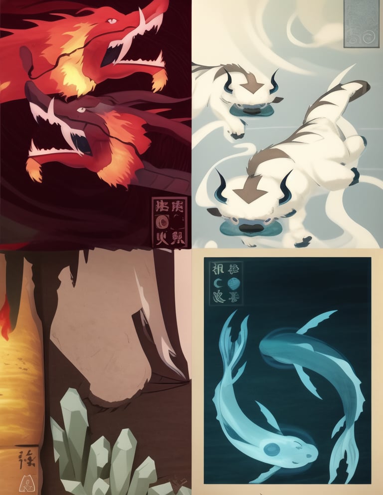 a series of four illustrations depicting the four original bending masters, beautiful avatar pictures, sigils, mtg art style, flying mythical beasts, mythical creatures, [[fantasy]], detailed fanart, from top left and [[in a circle]], [[red chinese dragon with fire element - red]], [[white bison with air elema series of four illustrations depicting the four original bending masters, beautiful avatar pictures, sigils, mtg art style, flying mythical beasts, mythical creatures, [[fantasy]], detailed fanart, from top left and [[in a circle]], [[red chinese dragon]] with fire element - red, [[white bison]] with air element - white, [[two blue koi fish encircling each other]] with water element, blue, [[green badger]] with earth element, green, with the spirit of light in the middle all on a parchment or scroll background with symbols for earth, air, fire and water in Asian characters., full color illustration, full art, with background ancient parchment or scroll,no_humans, circleframe, sceneryent - white]], [[two blue koi fish encircling each other with water element, blue]], [[green badge with earth element, green]], with the spirit of light in the middle all on a parchment or scroll background with symbols for earth, air, fire and water in Asian characters., full color illustration, full art, with background ancient parchment or scroll, no_humans, circleframe, scenery, the legend of korra, bright, rich colors,the legend of korra,circleframe