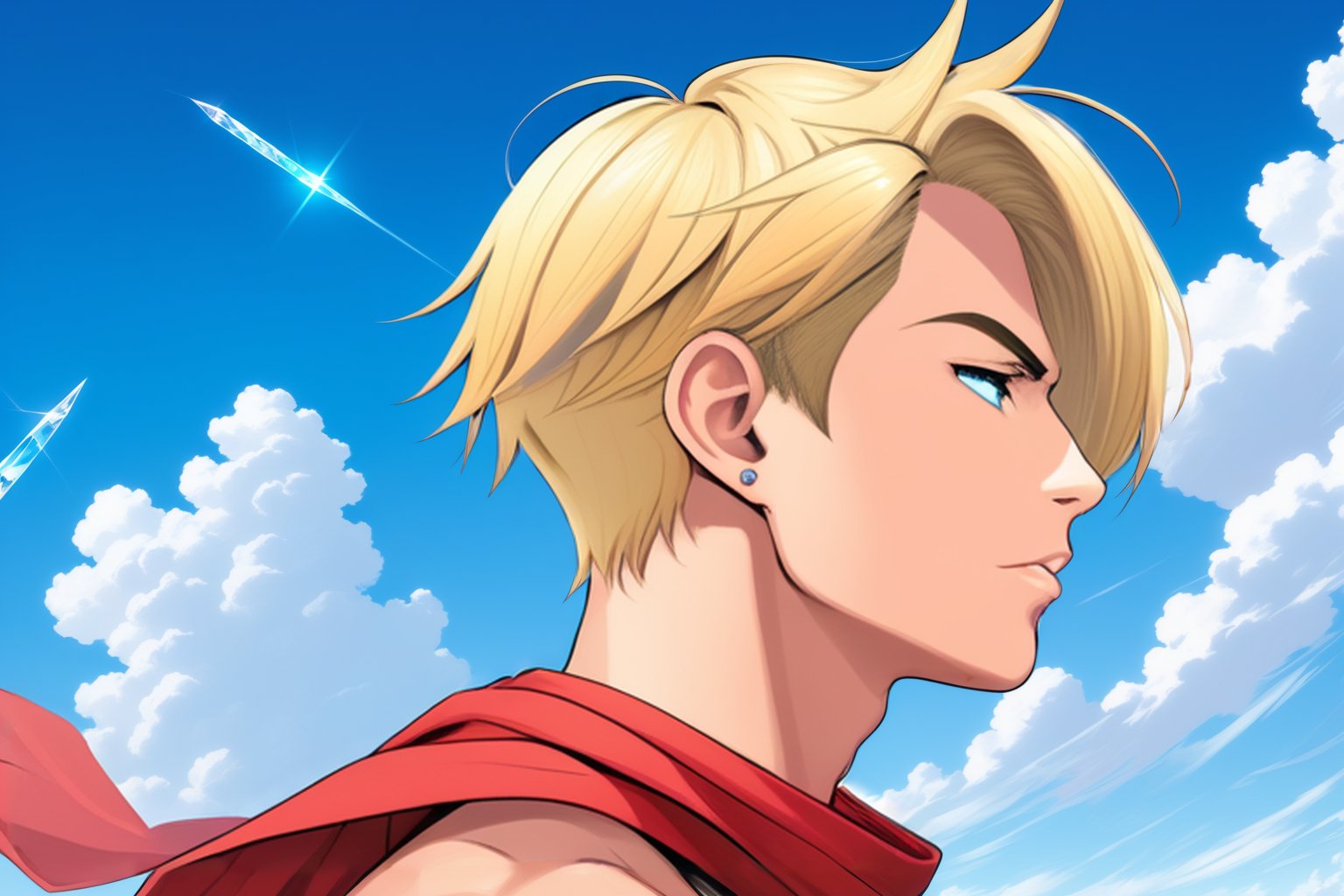 a stylized portrait of a young man in profile view facing right, with short blonde hair, wearing a flowing red scarf blowing in the wind, he is muscular and bare chested, standing in front of a blue sky and clouds with a giant crystal in the distance ahead of him, in an anime art style, final fantasy, JRPG aesthetic, vibrant colors, detailed and dynamic composition.