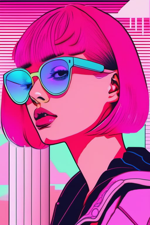 1girl, aesthetic, bangs, blunt bangs, glasses, jacket, lips, looking at viewer, parted lips, pink background, pink hair, pink theme, portrait, short hair, solo, teeth, tinted eyewear, vaporwave
