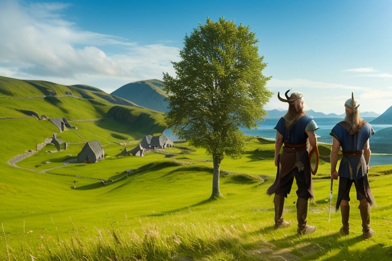 highres, ((masterpiece)), ultra detailed, otherworldly hues, village, (((viking village))), distant village, 2 boys, (viking outfit), viking axe, viking sword, day, sun in the sky, valley, grass, far mountains, 1 tree,Game of Thrones,delicate\(armor\),FFIXBG,day