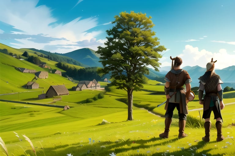 highres, ((masterpiece)), ultra detailed, otherworldly hues, village, (((viking village))), distant village, 2 boys, (viking outfit), viking axe, viking sword, day, sun in the sky, valley, grass, far mountains, 1 tree,Game of Thrones,delicate\(armor\),FFIXBG,day,geraldoW3