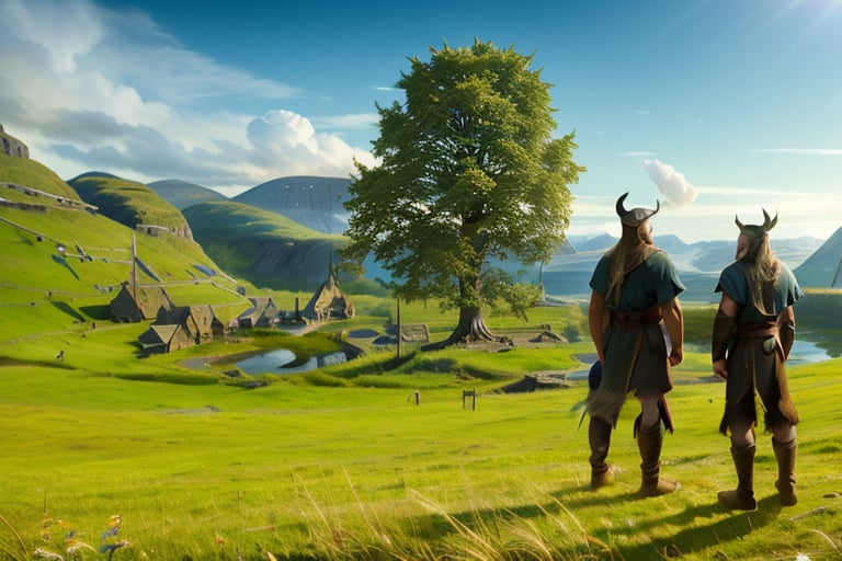 highres, ((masterpiece)), ultra detailed, otherworldly hues, village, (((viking village))), distant village, 2 boys, (viking outfit), viking axe, viking sword, day, sun in the sky, valley, grass, far mountains, 1 tree,Game of Thrones,delicate\(armor\)