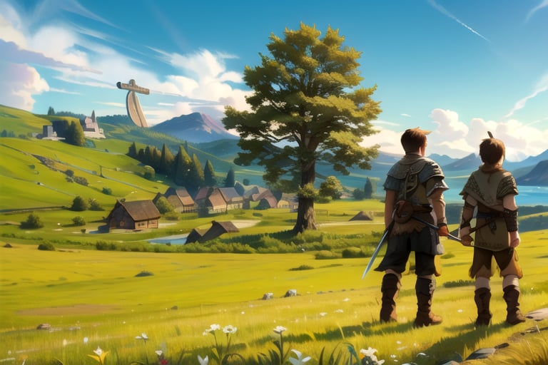 highres, ((masterpiece)), ultra detailed, otherworldly hues, village, (((viking village))), distant village, 2 boys, (viking outfit), viking axe, viking sword, day, sun in the sky, valley, grass, far mountains, 1 tree,Game of Thrones,delicate\(armor\),FFIXBG,day,geraldoW3,Germany Male,letho_soul3142