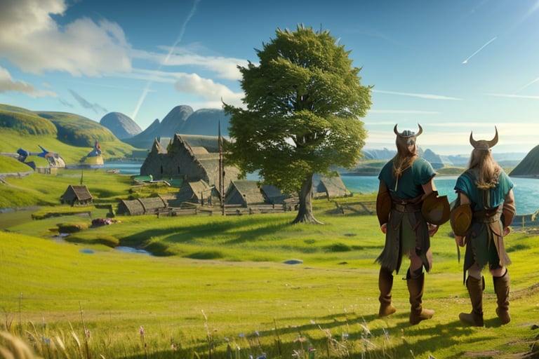 highres, ((masterpiece)), ultra detailed, otherworldly hues, village, (((viking village))), distant village, 2 boys, (viking outfit), viking axe, viking sword, day, sun in the sky, valley, grass, far mountains, 1 tree,Game of Thrones,delicate\(armor\)